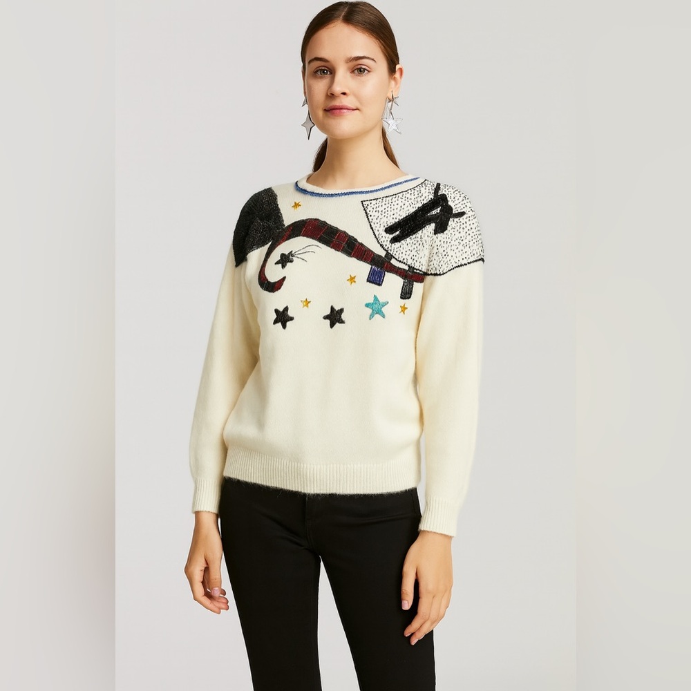 VNTG Lambswool Angora Blend Women Sz medium Embroidered Knit Cream Sweater